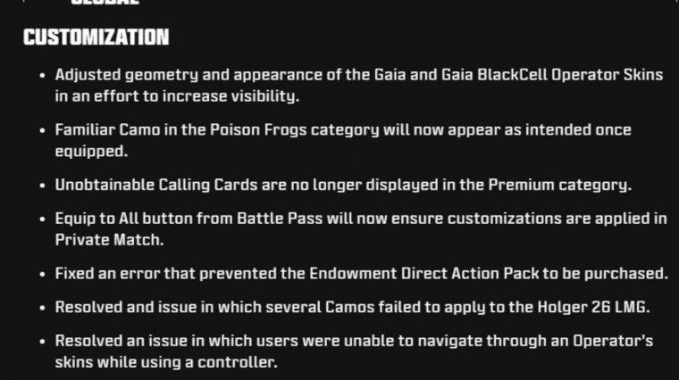 Global patch notes & changes